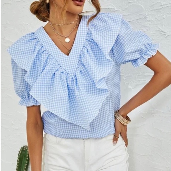 Tops - Boho blue white gingham print puff sleeve blouse
